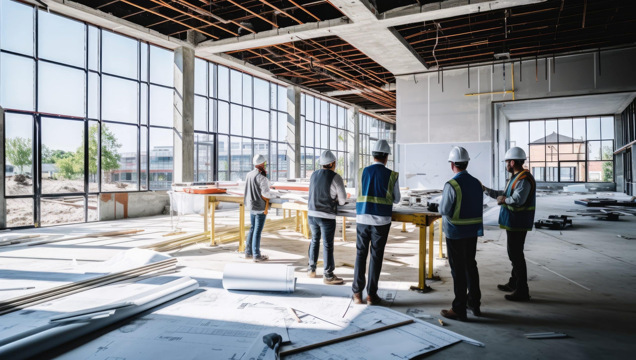 Group of engineers and architects working in a building site. Selective focus.