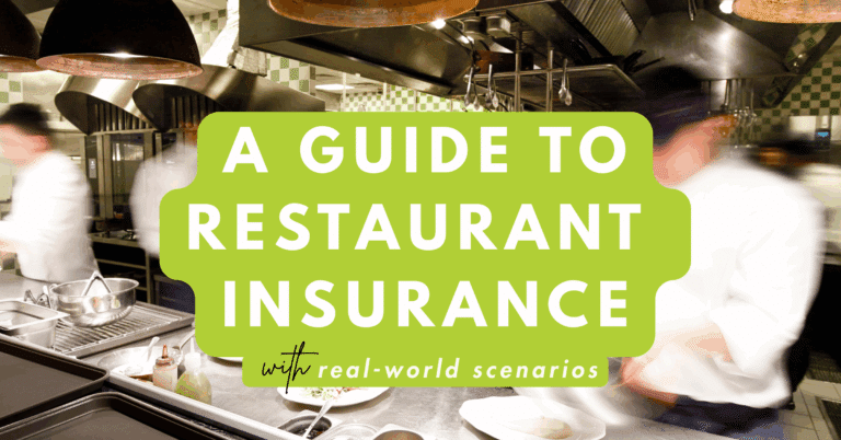 Restaurant kitchen with chefs in motion, featuring text overlay: A Guide to Restaurant Insurance with real-world scenarios.